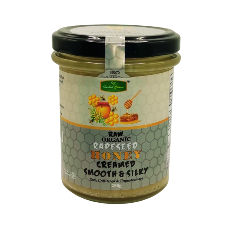 Raw Organic Rapeseed Honey 250g by Herbal Choice in a creamed organic honey jar